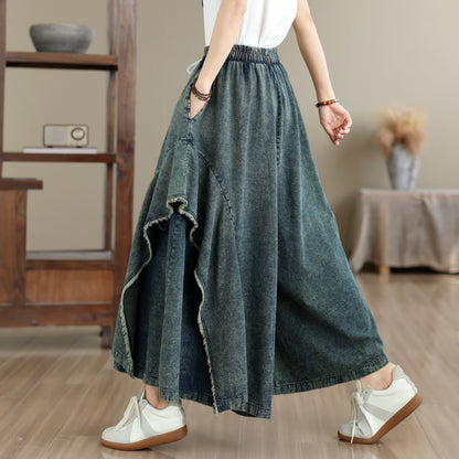 Women Loose Denim Skirt Pants Baggy Elastic Waist Casual Wide Leg Jeans