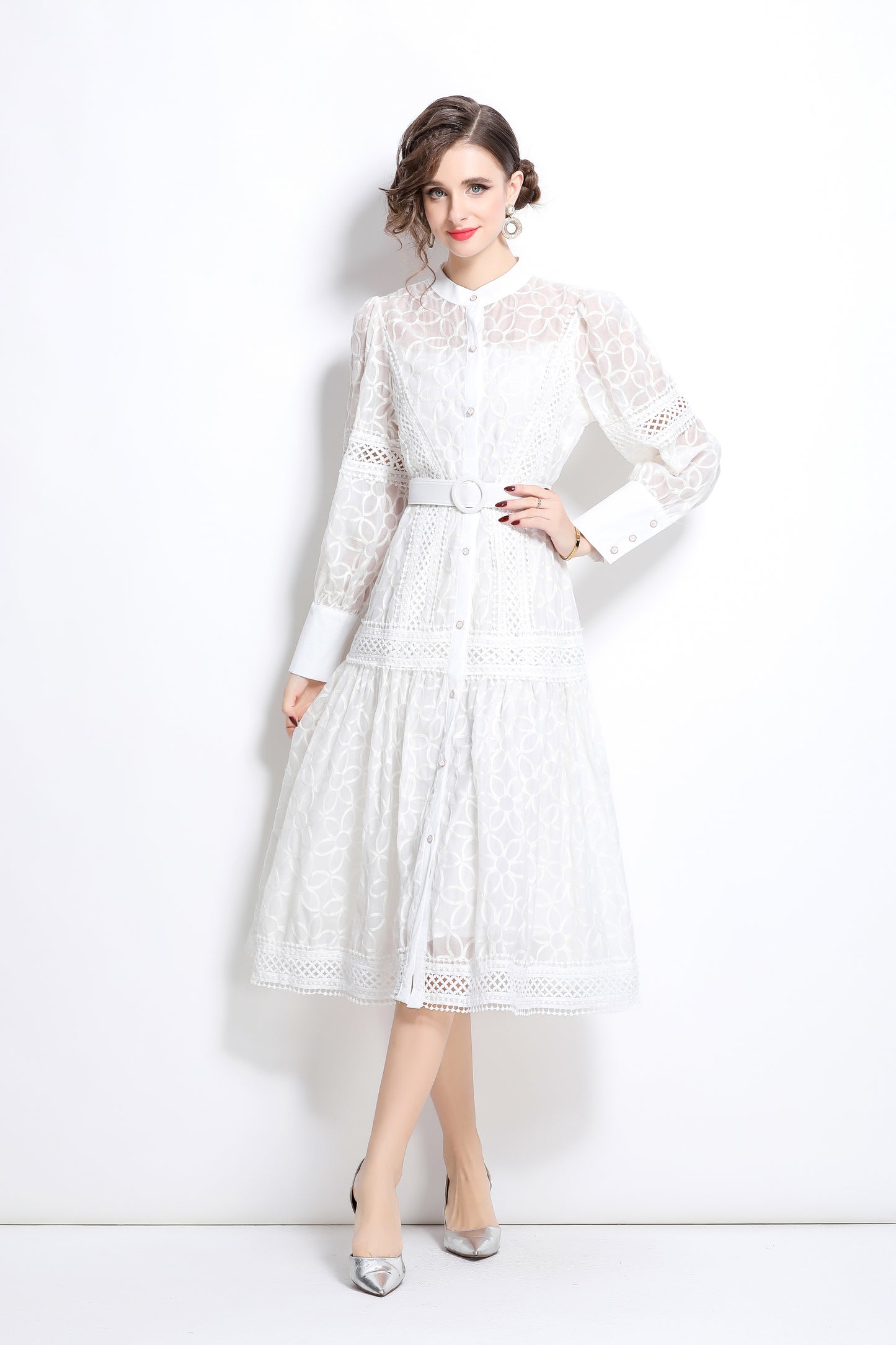 Lantern Sleeves Embroidery Button Midi Dress