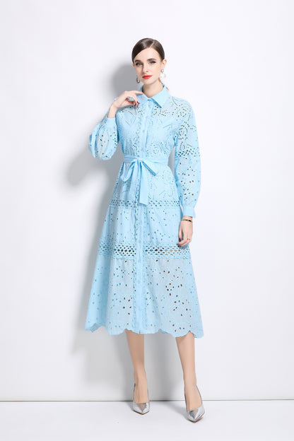 Puff Sleeves Shirt Collar Midi Dress