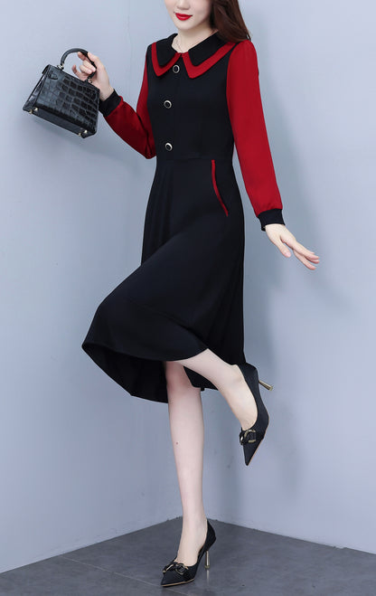 Women's Peter Pan Collar Long Sleeve Black Dress with Pocket