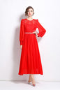 Lace Chiffon Puff Sleeves Maxi Dress with Belt