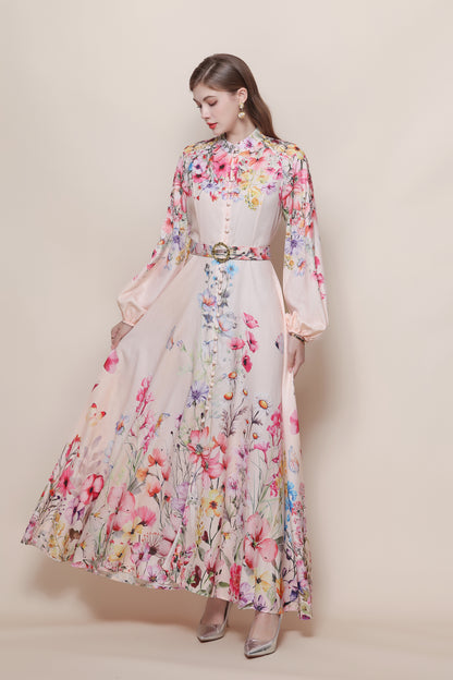 26-Women's Floral Print Puff Sleeve Button Maxi Dress - LAI MENG FIVE CATS