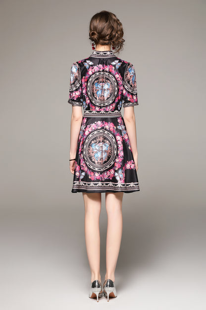 SSY-Women's Floral Lapel Collar Short Sleeve Mini Dress