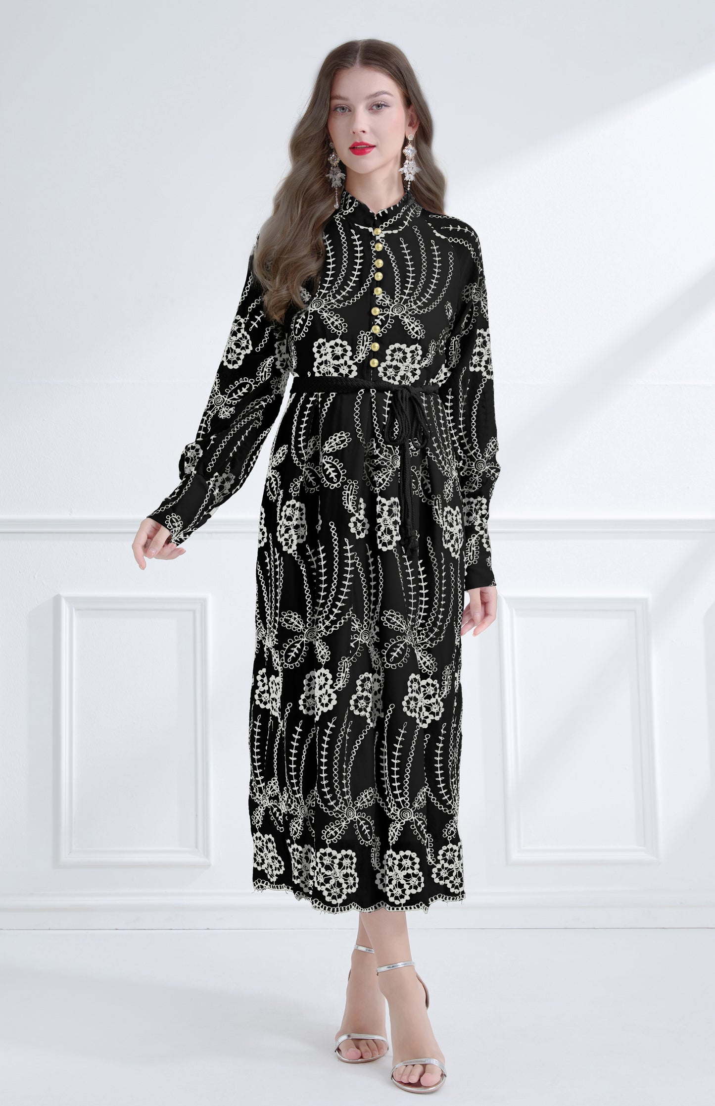 Women's Mandarin Collar Embroidered Button Maxi Dress