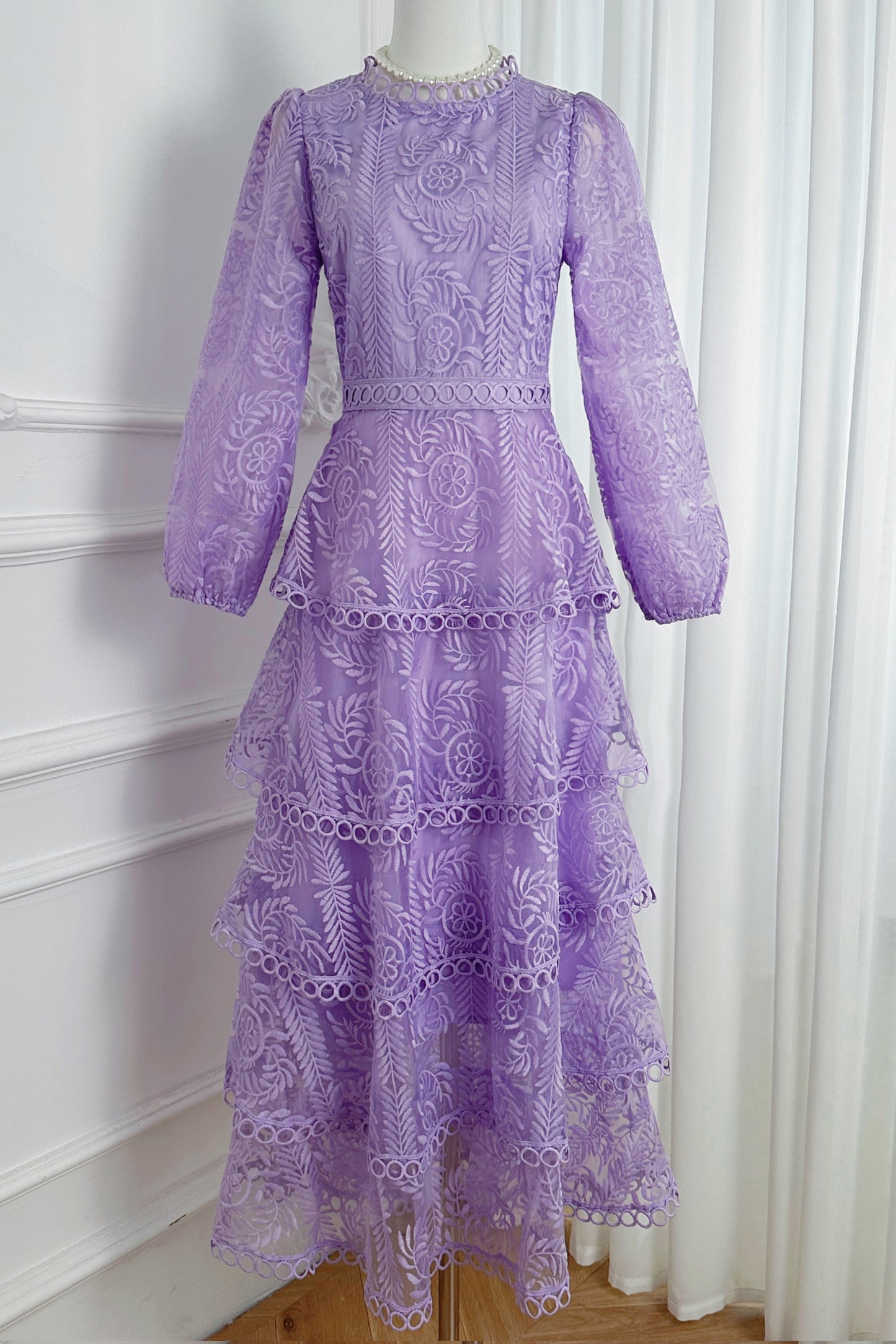 Women's Mesh Embroidery Ruffle Tiered Layered Maxi Dress