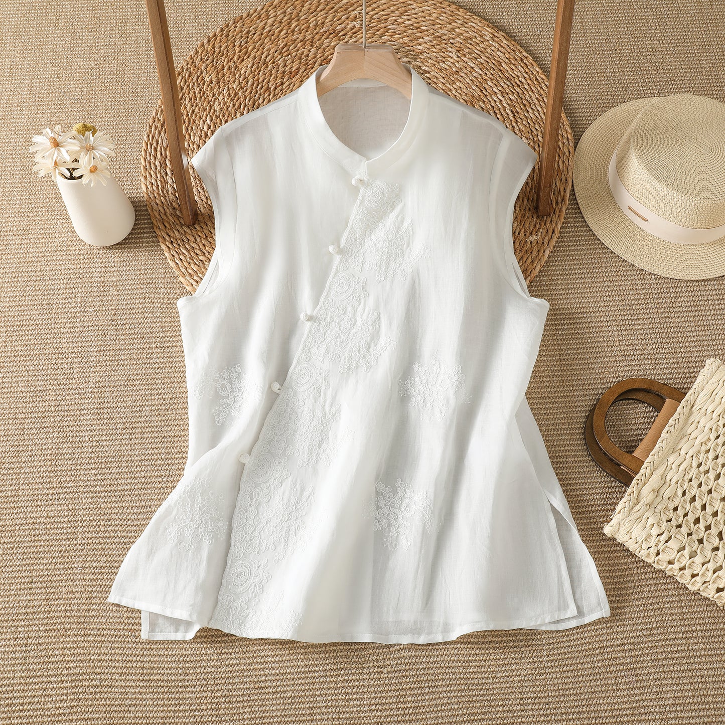 Embroidered Asymmetrical Cotton-Linen Blouse | Lightweight Summer Mandarin Collar Top