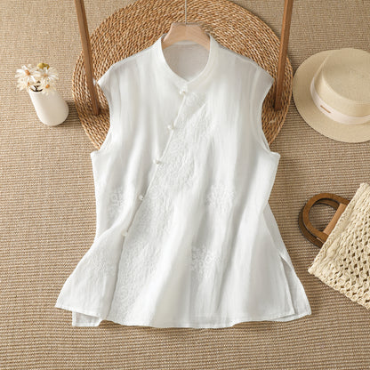 Embroidered Asymmetrical Cotton-Linen Blouse | Lightweight Summer Mandarin Collar Top