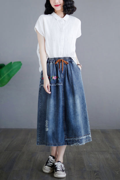 Denim Elastic Waist Embroidered Midi Skirt with Pockets