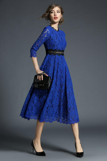 SSY-Women's 3/4 Sleeve Lace Overlay Cocktail Wedding Midi Dress - LAI MENG FIVE CATS