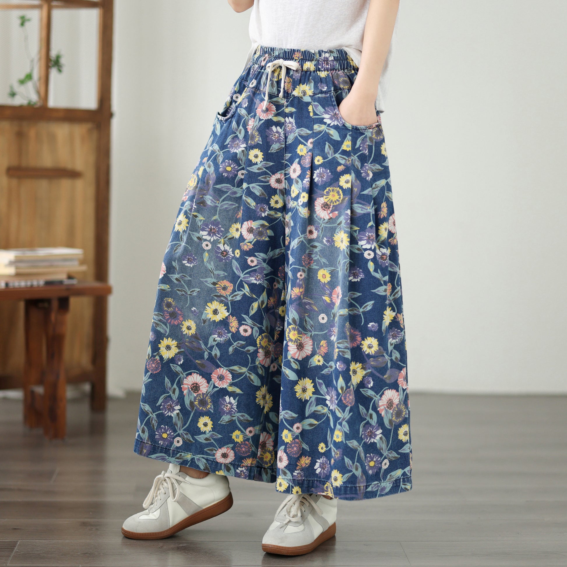 Women's Wide Leg Jeans Baggy Floral Wasited Elastic Pants - LAI MENG FIVE CATS