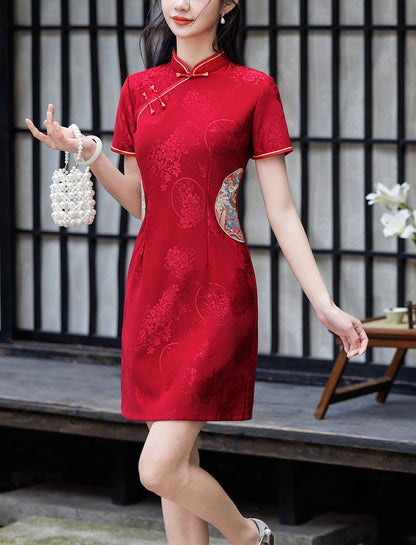 Red Jacquard Cheongsam Dress Embroidered Short Sleeve Mini Dress