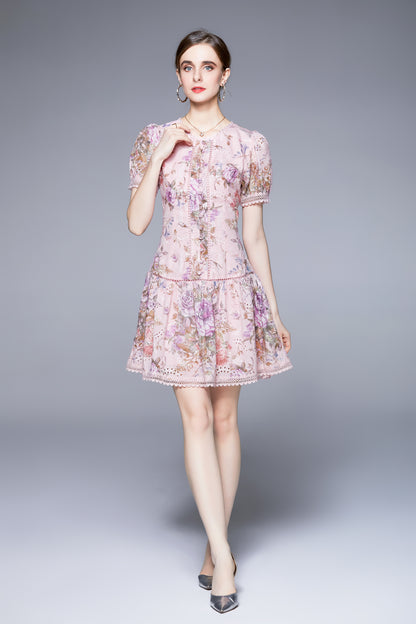 SSY-Women's Floral Puff Sleeve Low Waist Ruffle Short Dress
