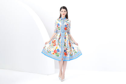 Women's Print Button Collar Short Sleeve Midi Dress