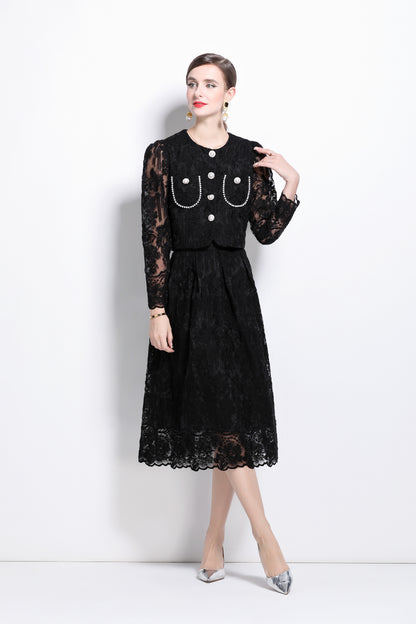 2 Pieces Chiffon Lace Button Midi Dress