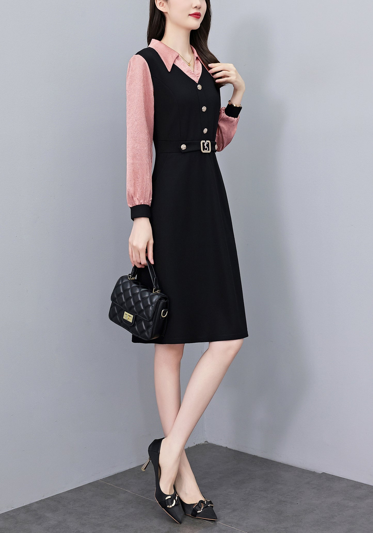 Women's Lapel V-Neck Pocket Long Sleeve Black Dress