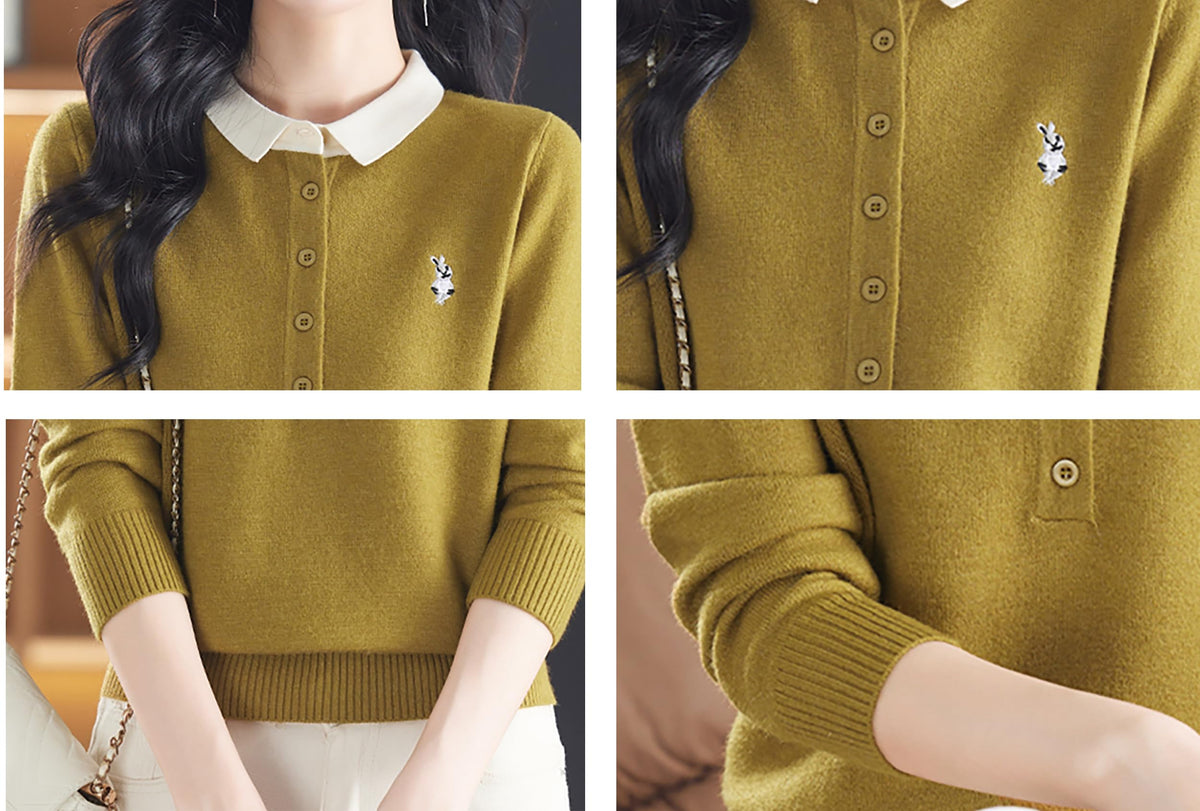 Polo Layered Knit Top with Bunny Embroidery & Contrast Collar
