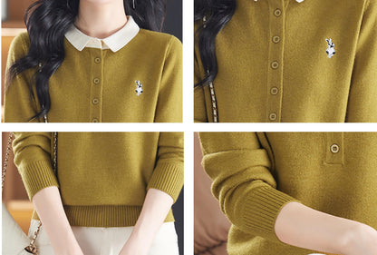 Polo Layered Knit Top with Bunny Embroidery & Contrast Collar