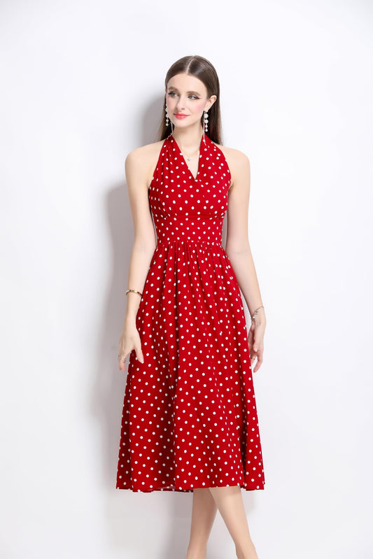 Women’s Polka Dot Halter Backless V-Neck Midi Dress - LAI MENG FIVE CATS