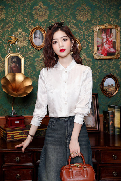 Women's Silk Satin Jacquard Long Sleeve Blouses