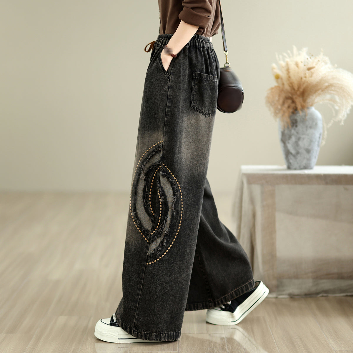 28670-Vintage Black Denim Wide-Leg Pants with Distressed Patch & Drawstring Waist