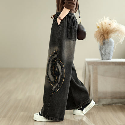 28670-Vintage Black Denim Wide-Leg Pants with Distressed Patch & Drawstring Waist