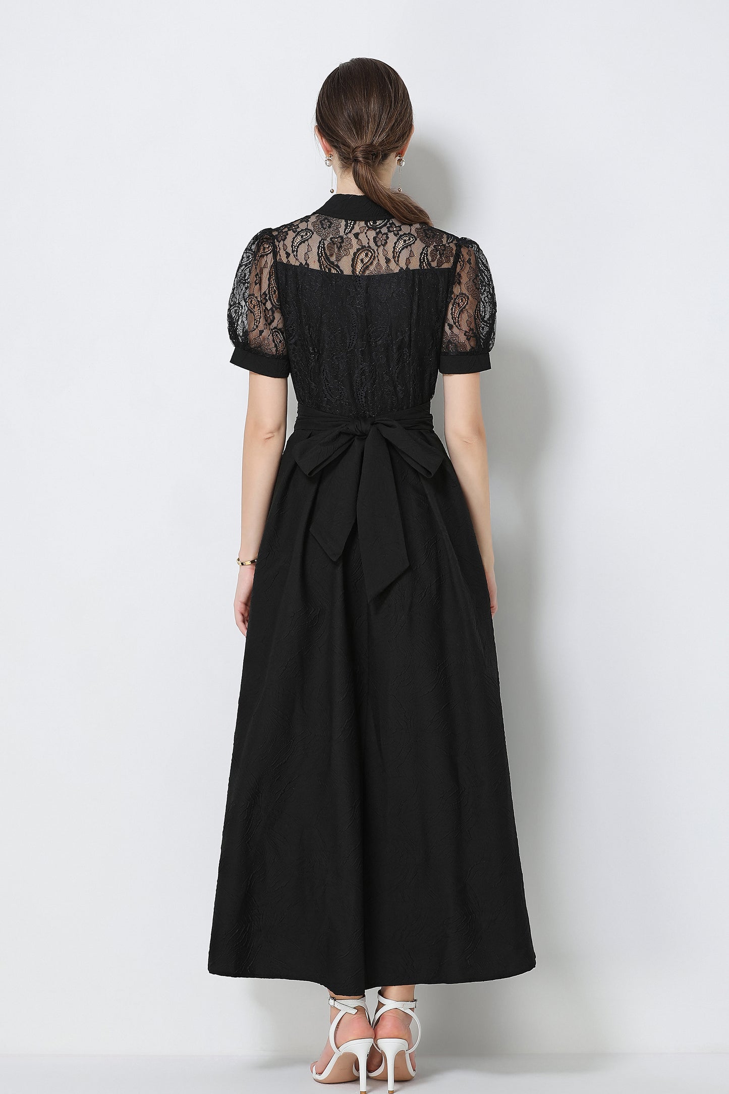 Elegant V-Neck Puff Sleeve Lace Jacquard Maxi Black Dress