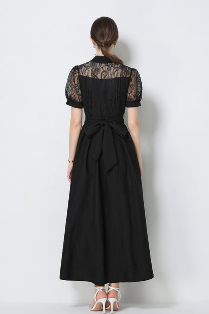 Elegant V-Neck Puff Sleeve Lace Jacquard Maxi Black Dress