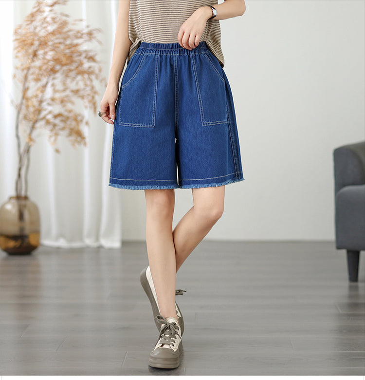 Women's High Waisted Baggy Jean Wide Leg Denim Shorts - LAI MENG FIVE CATS