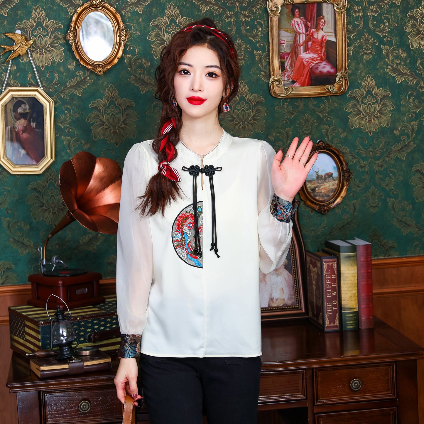 Women's Silk Satin Top Embroidered  Jacquard Shirt