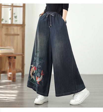 Women's Baggy Jeans Embroidery Wide Leg Denim