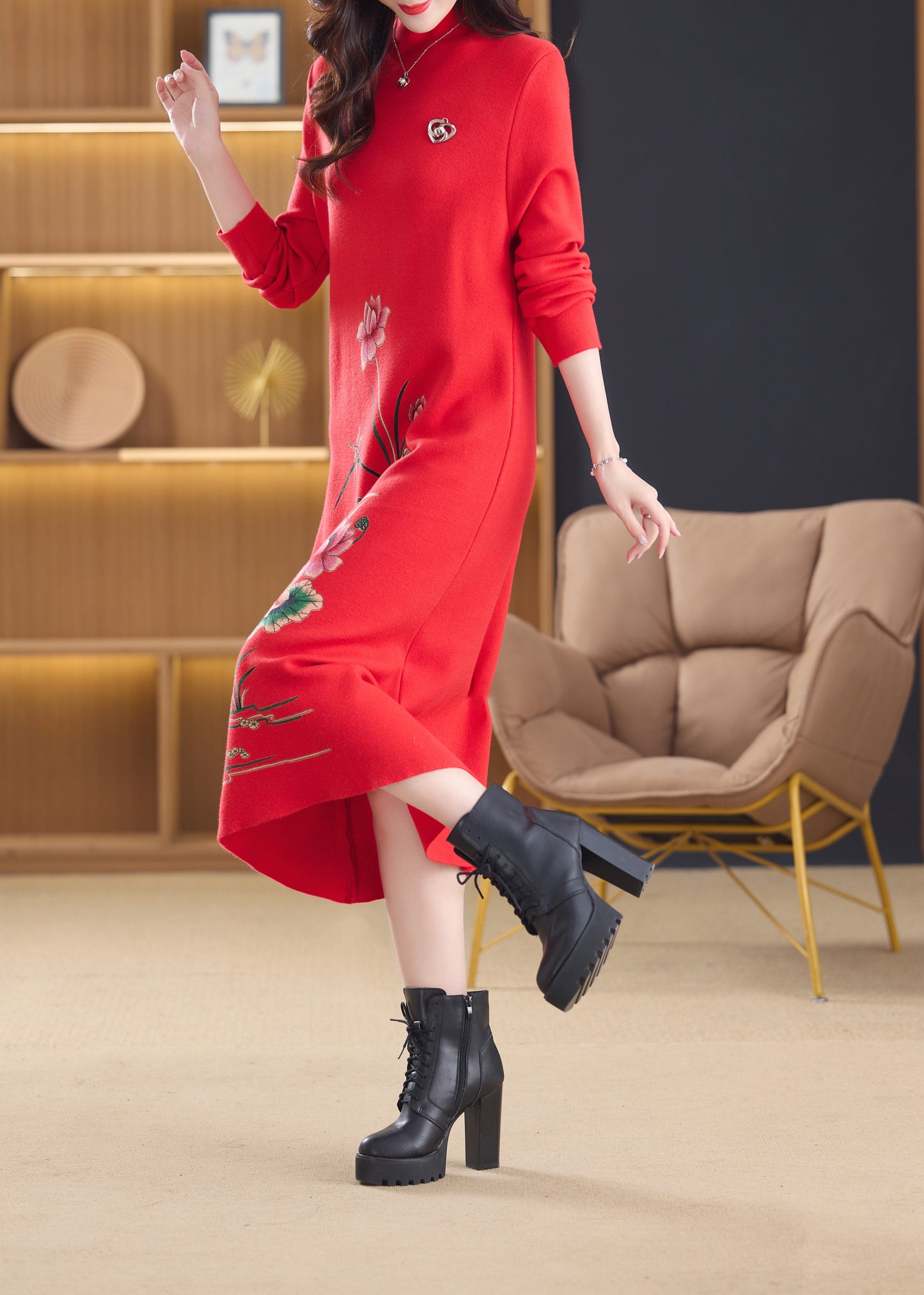 Women's Turtleneck Sweater Long Sleeve Red Dress