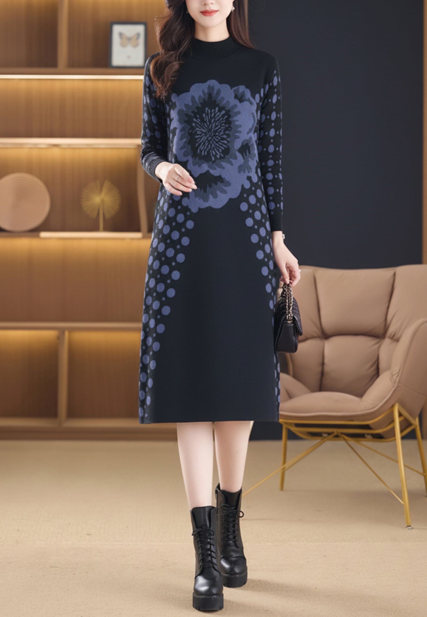 Women's Fashion Print Knit Pullover Sweater Midi Dress