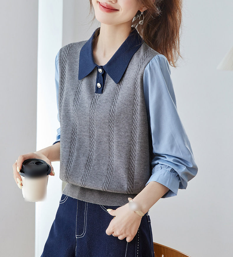 Color Block Cable Knit Polo Top – Faux Two-Piece Sweater Shirt