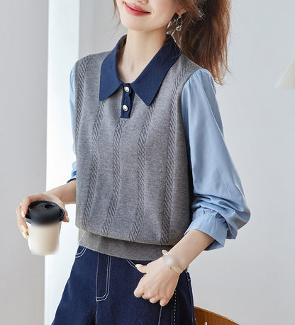 Color Block Cable Knit Polo Top – Faux Two-Piece Sweater Shirt