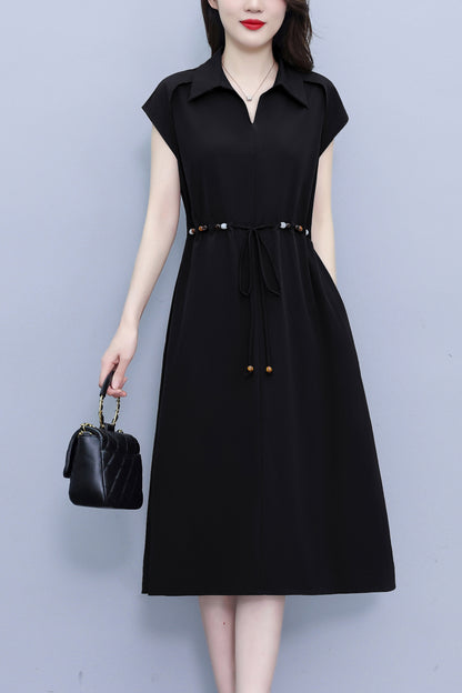 Women's V-Neck Cap Sleeve Pocket Midi Dress