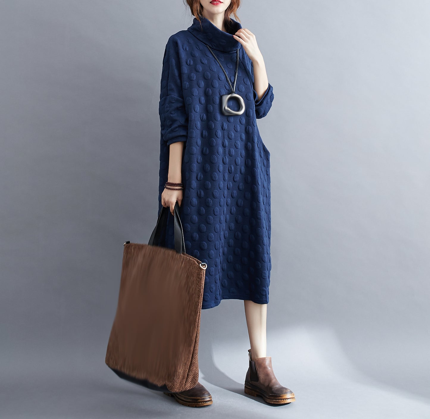 High Collar  Pullover Dress With Pocket