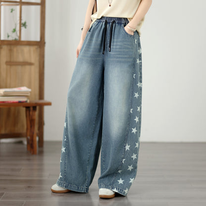 Women's Wide Leg Jeans Elastic Waist  Casual Loose Curved Pants - LAI MENG FIVE CATS