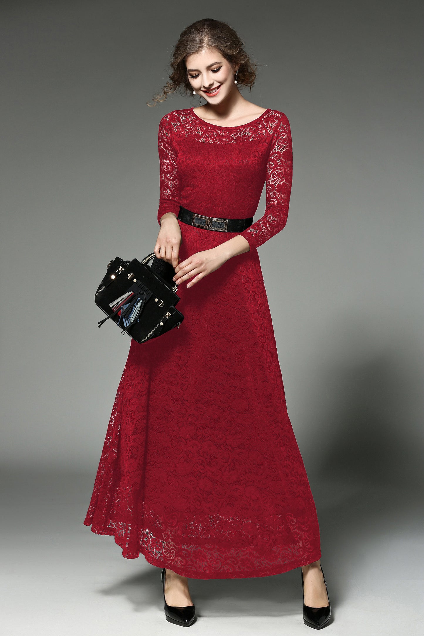 SSY-Women's 3/4 Sleeve Lace Overlay Maxi Dress