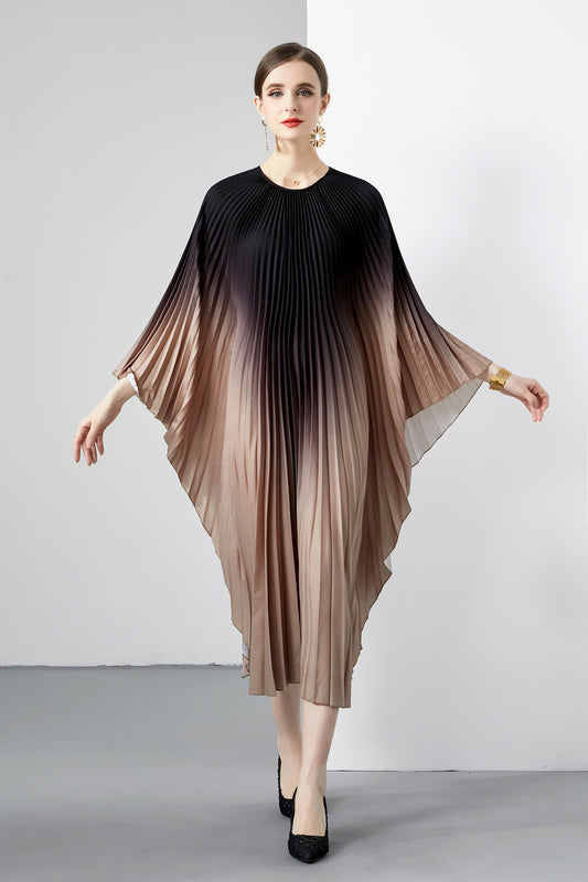 Khaki Elohoegant Batwing Sleeve Pleated Maxi Casual Flowy Loose Dress