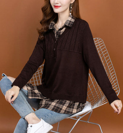 Women's V Neck Plaid Layered Look Knit Pullover Tops