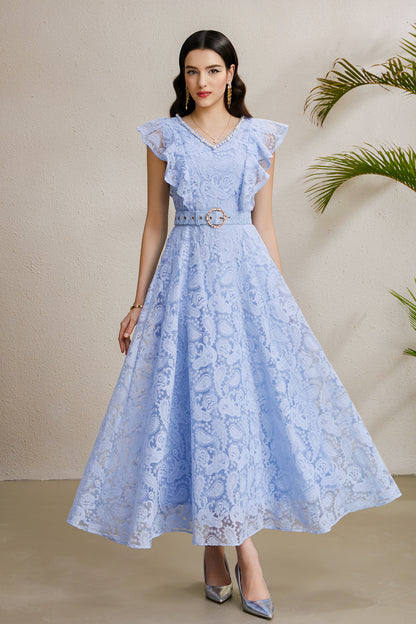 Women's Pearl V-Neck Lace Sleeveless Ruffled Sleeves Maxi Dress