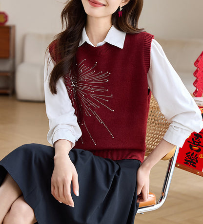 Women's 2 in 1 Round Neck Soft Sweater Top Chic Layering Office Casual