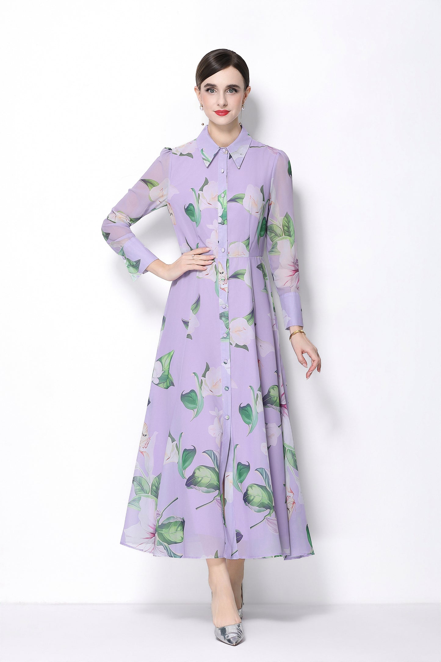 Women's Floral Print Button Up Split Maxi Dress