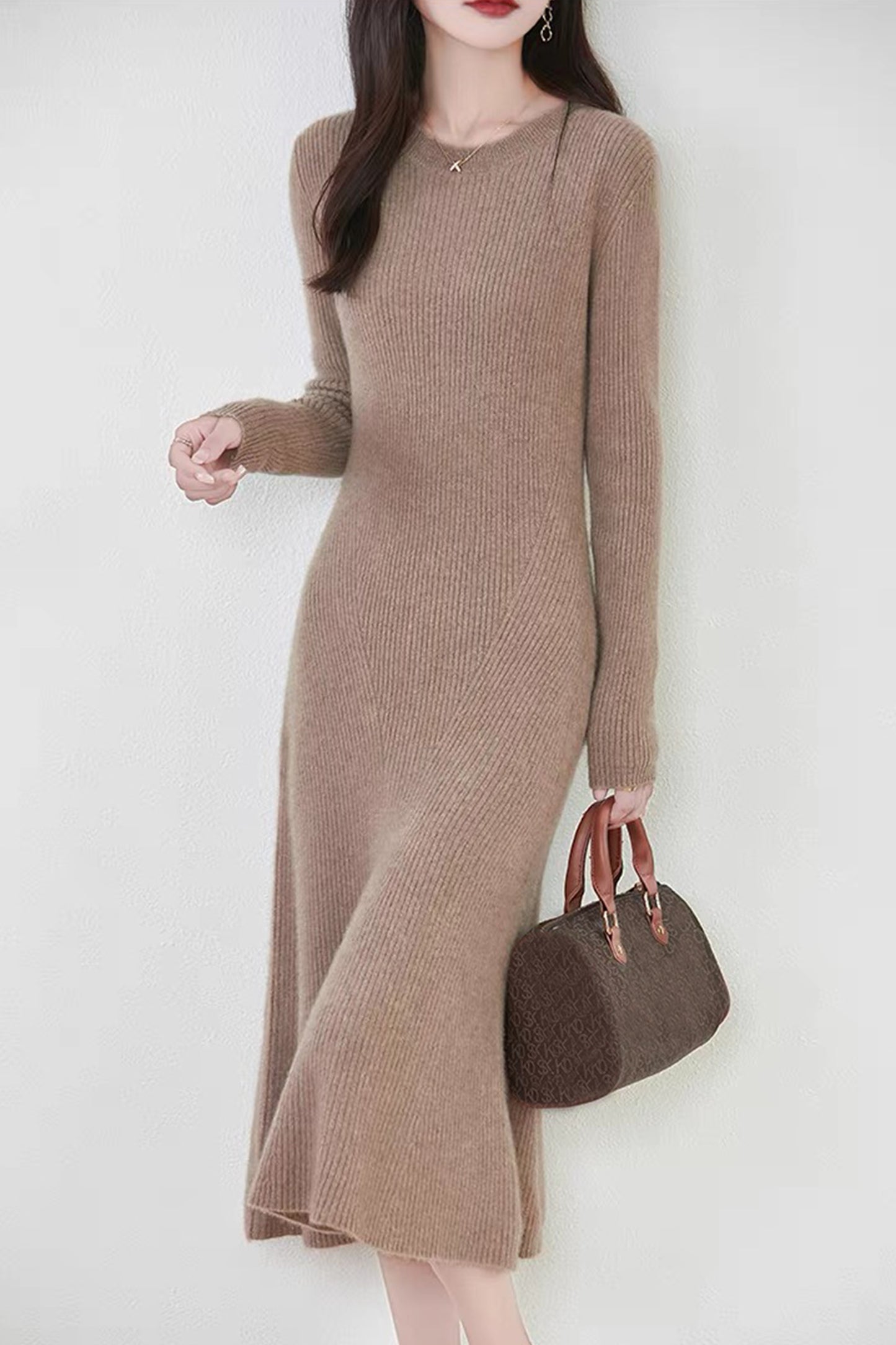 Women's Sweater Crewneck Ribbed Knit Midi Dress