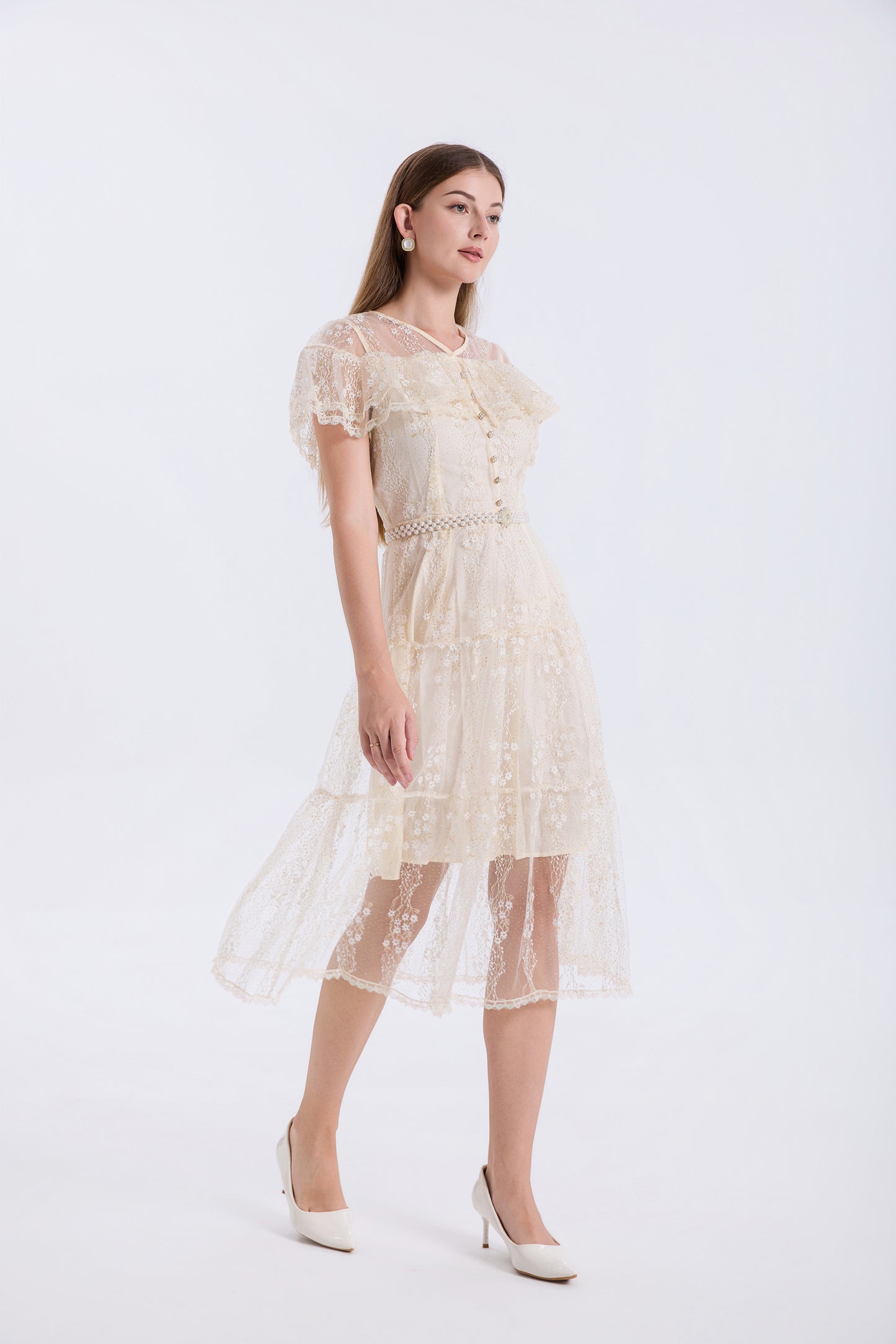 LAI MENG FIVE CATS Ivory Lace Embroidery Dress with Pearl Belt