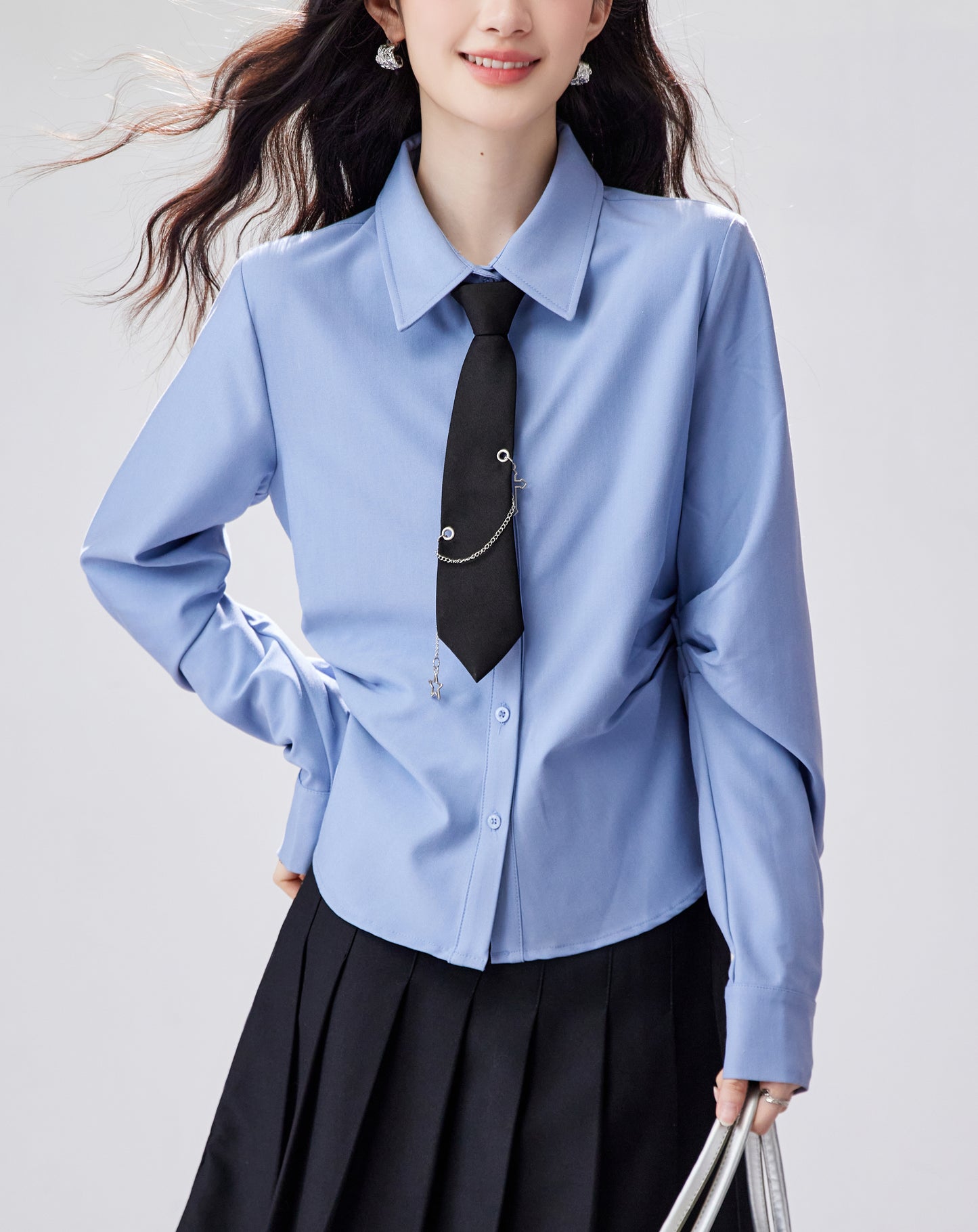 Elegant Light Blue Slim-Fit Shirt with Side Ruching & Tie Detail
