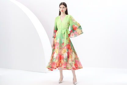 Women's  V Neck Pleated Flare Sleeve Flowy Maxi Dress