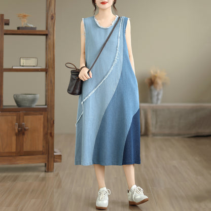Women's Casual Sleeveless Denim Midi Dress Loose with Pockets