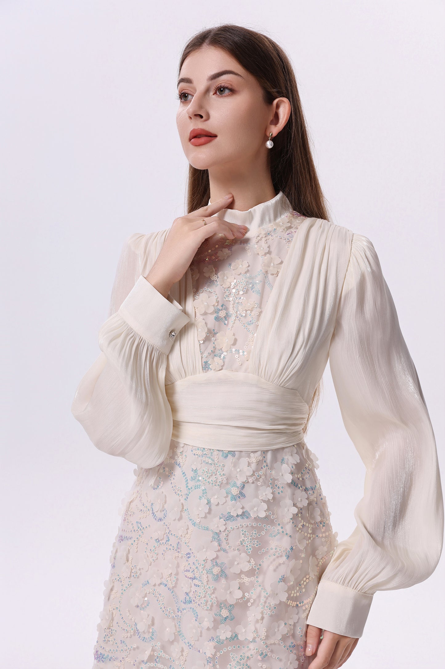 Elegant Sequin Embroidered 3D Floral Maxi Evening Dress