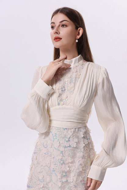 Elegant Sequin Embroidered 3D Floral Maxi Evening Dress